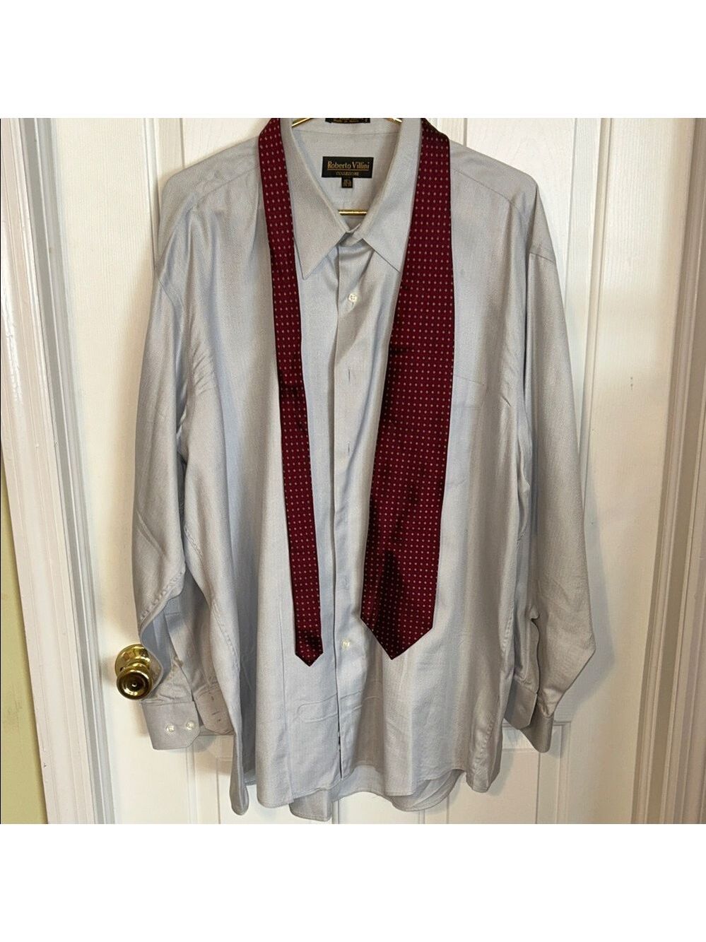 Roberto Villini gray Dress Shirt with red silk Tie. Size  18 1/2, 34-35.